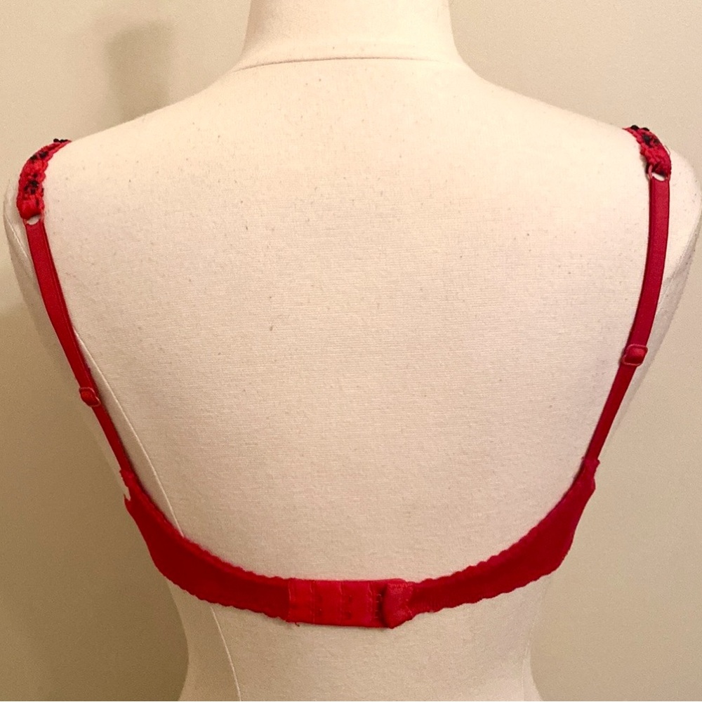 Victoria’s Secret Country Vintage 1990s Red Black Rose Trim Velour Bra Size 34C - Picture 7 of 12